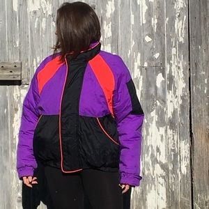 Vintage puffer coat large 80s 90s purple orange black stranger things retro